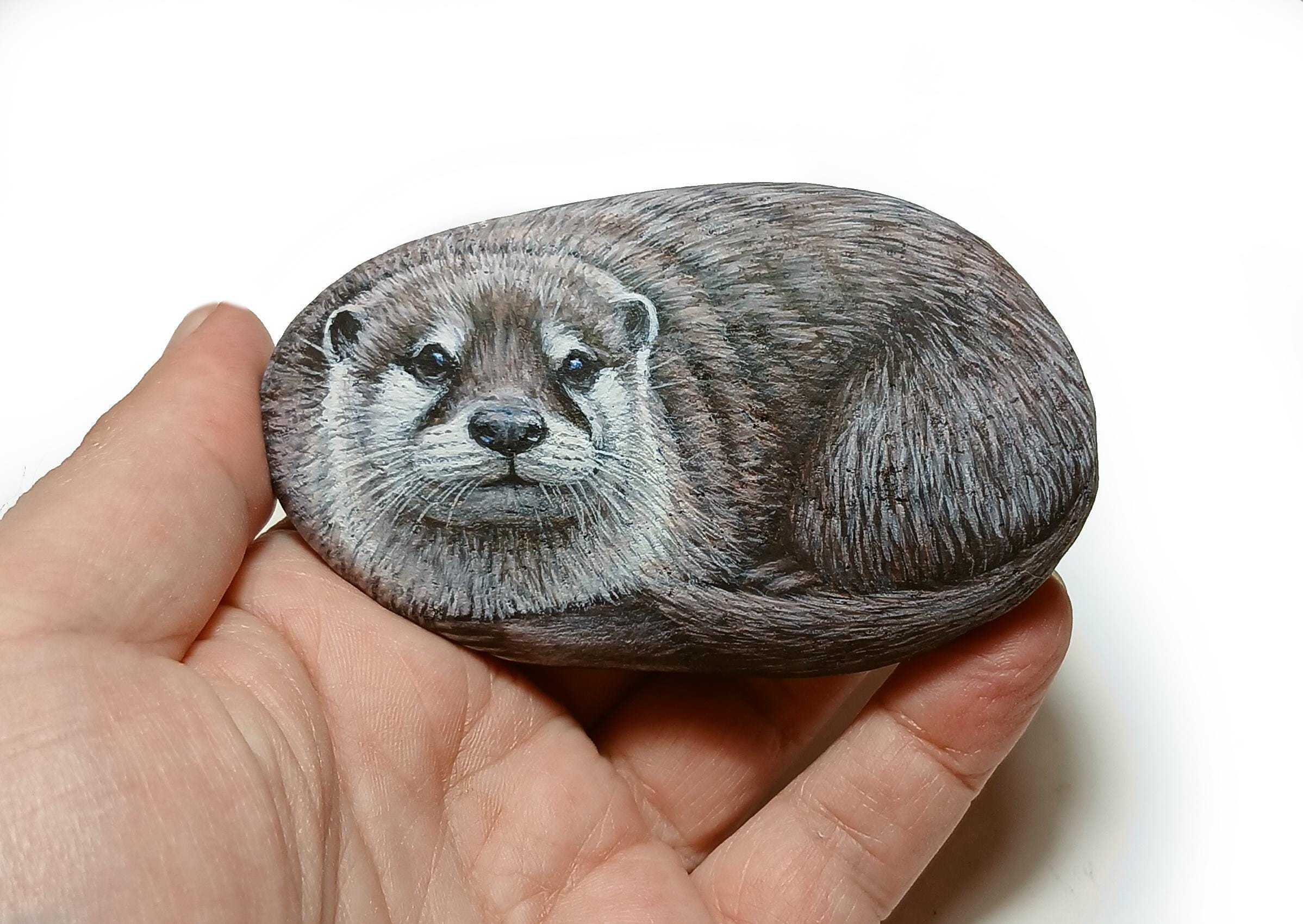 Hand Painted Stone Otter, Animal Portrait Rock Art Decor