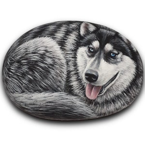 May include: Hand-painted rock art of a black and white husky dog with blue eyes. The dog is painted in a realistic style and has a happy expression.