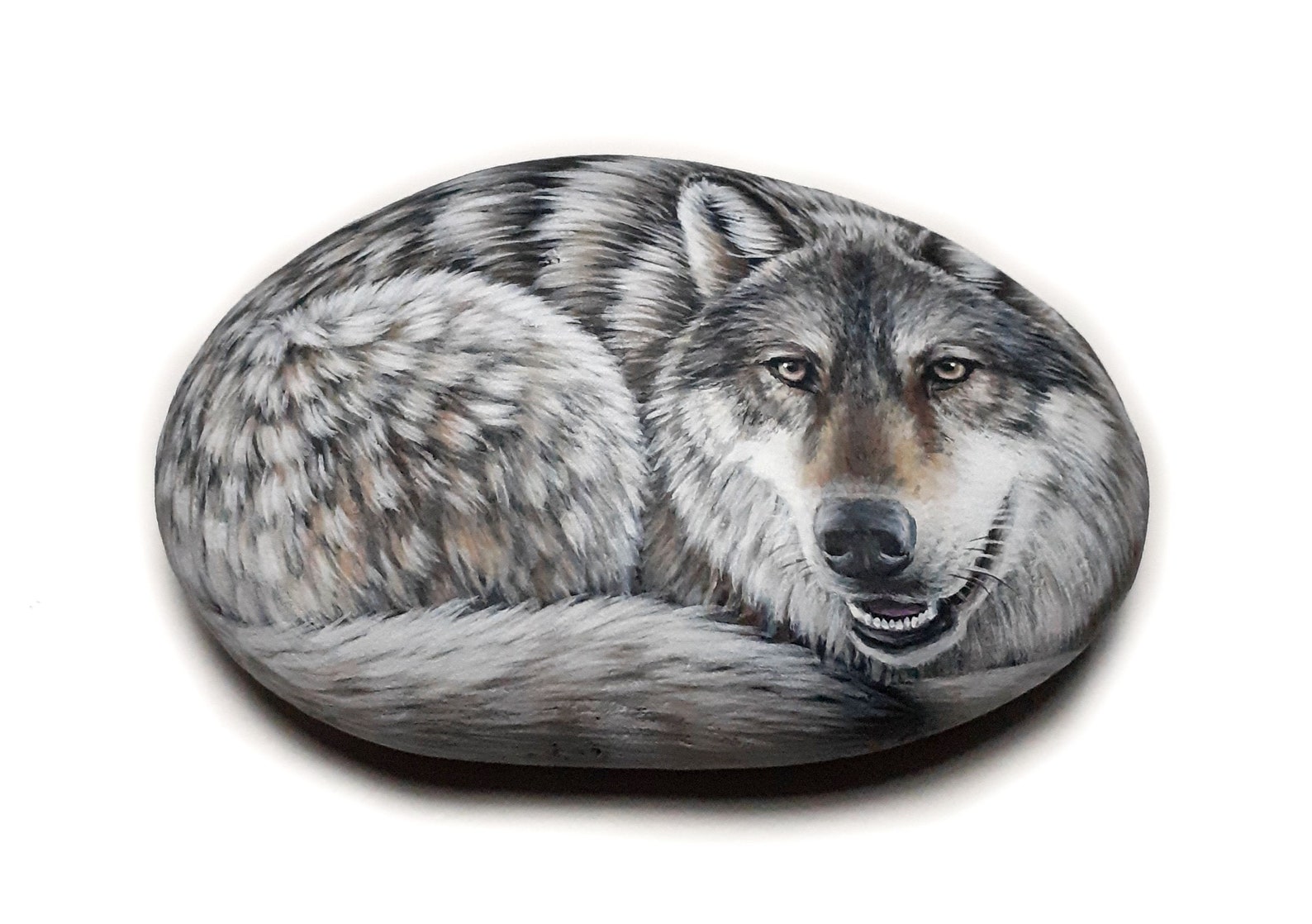 Gray wolf hand painted on flat natural stone Rock painting | Etsy