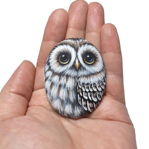 May include: A smooth, oval-shaped river stone hand-painted with a detailed owl portrait. The owl features large, expressive dark blue eyes, a small yellow beak, and intricate white and brown feather patterns covering its round face and body.