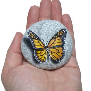 Stone painting art monarch butterfly Painted on natural flat sea stone with acrylics and finished with satin varnish. Butterfly home decor image 2