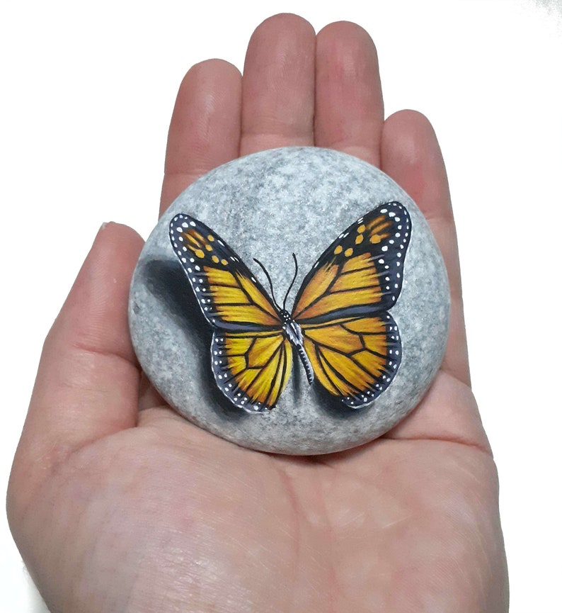 Stone painting art monarch butterfly Painted on natural flat sea stone with acrylics and finished with satin varnish. Butterfly home decor image 2