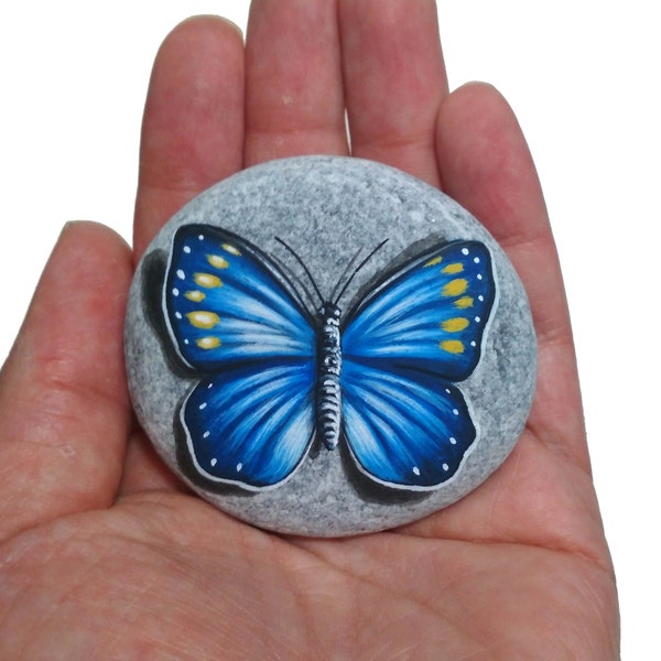 Pebble painting miniature butterfly! Painted with acrylics on flat sea pebble and finished with satin varnish. Original stone art, gift idea