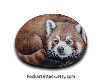 Hand-Painted Red Panda Rock, Wildlife Acrylic Painting, Animal Stone Art.