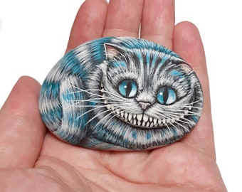 Blue and grey cartoon Cat full body portrait hand painted with Acrylics on natural pebble! Finished with satin varnis. Rock Painting Cat.