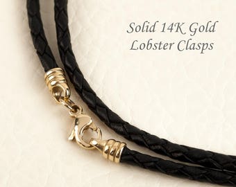 Braided Leather Cord Necklace 14K Solid Gold Clasp Leather Necklace for Men 14K Gold Clasp Genuine Leather Cord Necklace BloomDiamonds