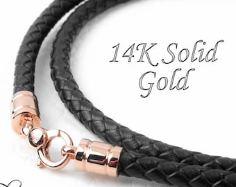 Thick Black Leather Cord Necklace for Men Massive Rose Gold Clasps 14K BloomDiamonds