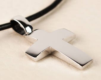 White Gold Cross Pendant on Black Leather Cord Necklace 14K BloomDiamonds