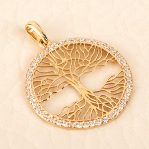 14K Yellow Gold Tree of Life Pendant Cubic Zirconia Necklace BloomDiamonds image 1