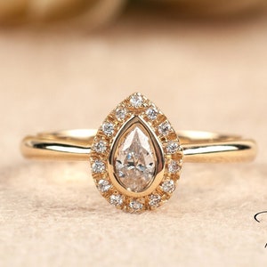 Halo Gold Ring Solid 14K Pear Shaped Cubic Zirconia BloomDiamonds