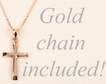 Rose Gold Cross Necklace 14K Gold Cross Pendant Personalized Cross Necklace for Men Unisex Gold Cross Necklace Gold Cross with Chain