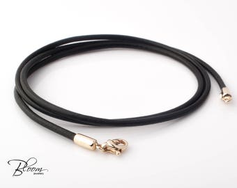 Black Leather Cord Necklace 14K Gold Clasps Gold Leather Cord Necklace for Man Solid Gold Lobster Clasps Leather Cord BloomDiamonds