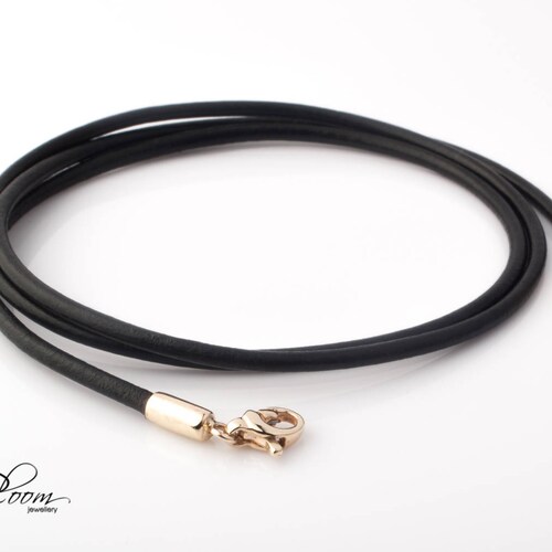 Black Leather Cord Necklace 14K Gold 