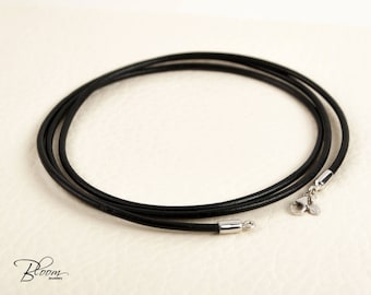 Black Leather Cord Necklace 14K White Gold Clasps Gold Leather Cord Necklace for Man Solid Gold Lobster Clasps Leather Cord BloomDiamonds