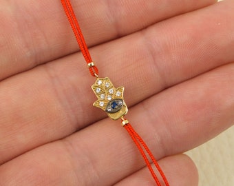 Hamsa Bracelet 14K Solid Gold Kabbalah Red String of Fate Woman Gift Gold Bracelet Red String Fatima Hand BloomDiamonds