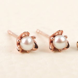 Small Pearl Wedding Earrings 14K Rose Gold Flower Studs BloomDiamonds