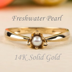 Delicate Pearl Gold Ring 14K Flower Shape BloomDiamonds