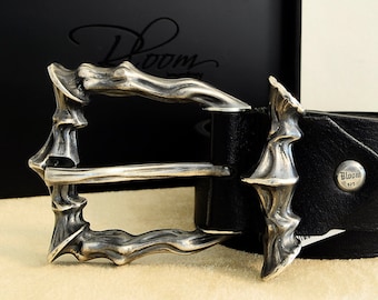 スターリングシルバーバックルベルト：本革、ソリッドシルバー、メンズ