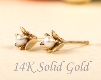 Freshwater Pearl Stud Earrings 14K Solid Gold Stud Earrings Gold Pearl Studs White Pearl Earrings Gold Pearl Earrings BloomDiamonds