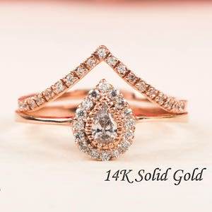 Set of Two Engagement Rings Halo Pearl and Chevron 14K Rose Gold  BloomDiamonds