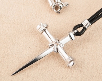 Jesus Nails White Gold Cross Necklace for Men 14K Black Leather Cord BloomDiamonds