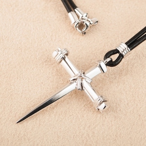 Jesus Nails White Gold Cross Necklace for Men 14K Black Leather Cord BloomDiamonds