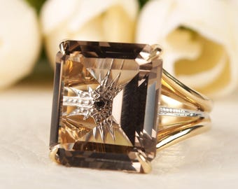 Big Smoky Quartz Cocktail Ring 18K Yellow Gold and Small Black Diamond BloomDiamonds