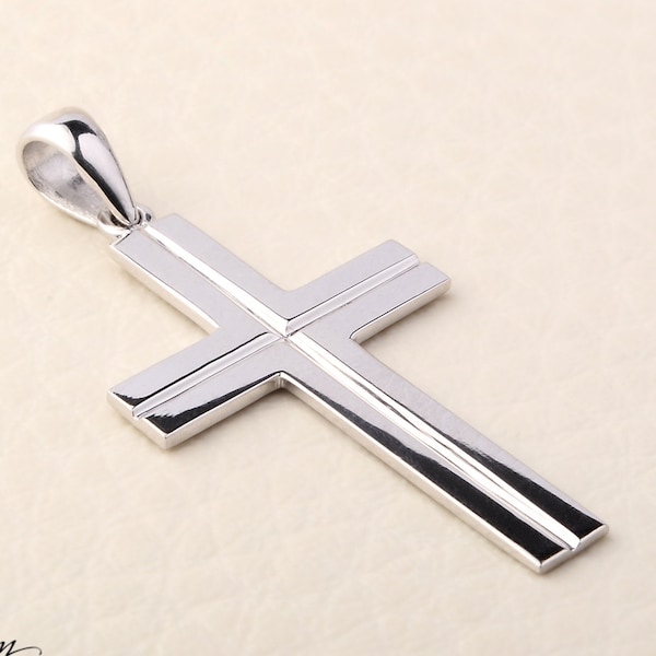 Collier croix en or blanc, pendentif croix en or massif 14 carats pour homme, pendentif croix en or blanc 14 carats pour homme - Bijoux Bloom