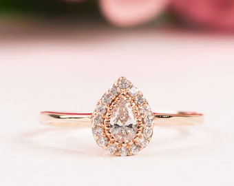 Rose Gold Halo Engagement Ring 14K Cubic Zirconia Crystals BloomDiamonds
