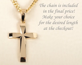 Mens Cross Necklace 14K Solid Gold Cross and Curb Chain Cross Necklace for Men Gold Cross with Chain Necklace for Men Cross Necklace
