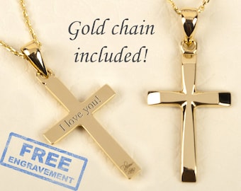 Solid Gold Cross Necklace 14K Gold Personalized Gold Cross Necklace for Men Unisex Gold Cross Necklace Women Gold Cross with Chain