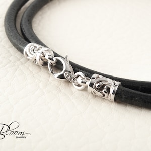 Black Leather Cord Necklace 14K White Gold Clasps Celtic Design BloomDiamonds
