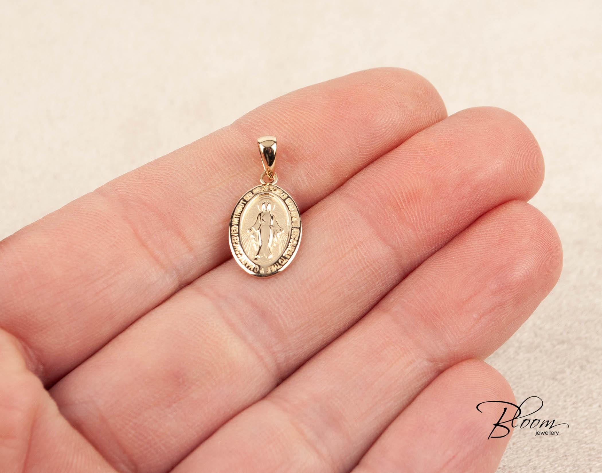 Miraculous Medal Catholic Virgin Mary Pendant 14K Solid Gold ...