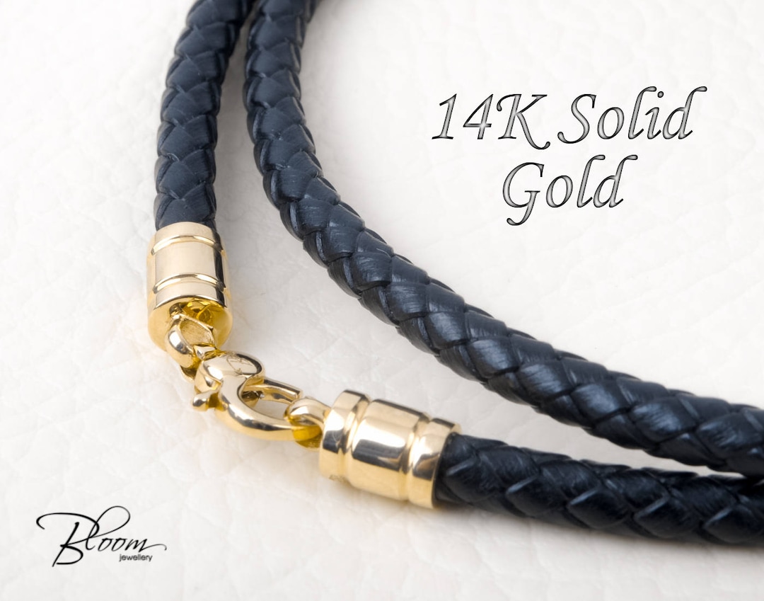 Black Leather Cord Necklace 14K Gold Clasps Gold Leather Cord Necklace for  Man Solid Gold Lobster Clasps Leather Cord Bloomdiamonds 