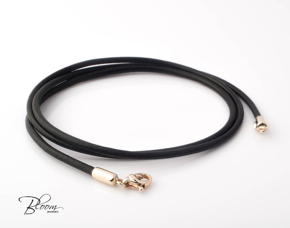 Black Leather Cord Necklace 14K Gold Clasps Gold Leather Cord
