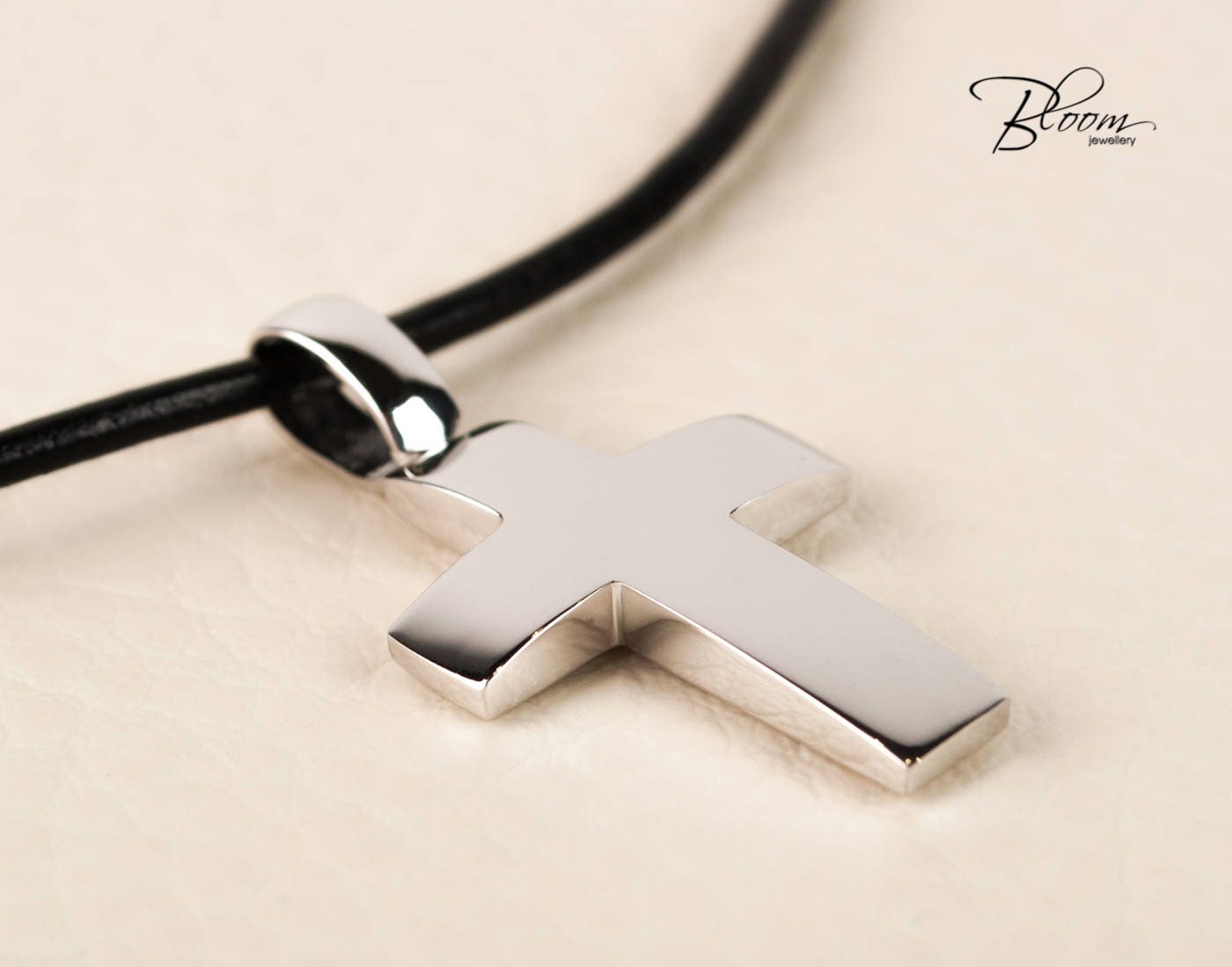 White Gold Cross Necklace for Men Leather Cord Cross Pendant Etsy