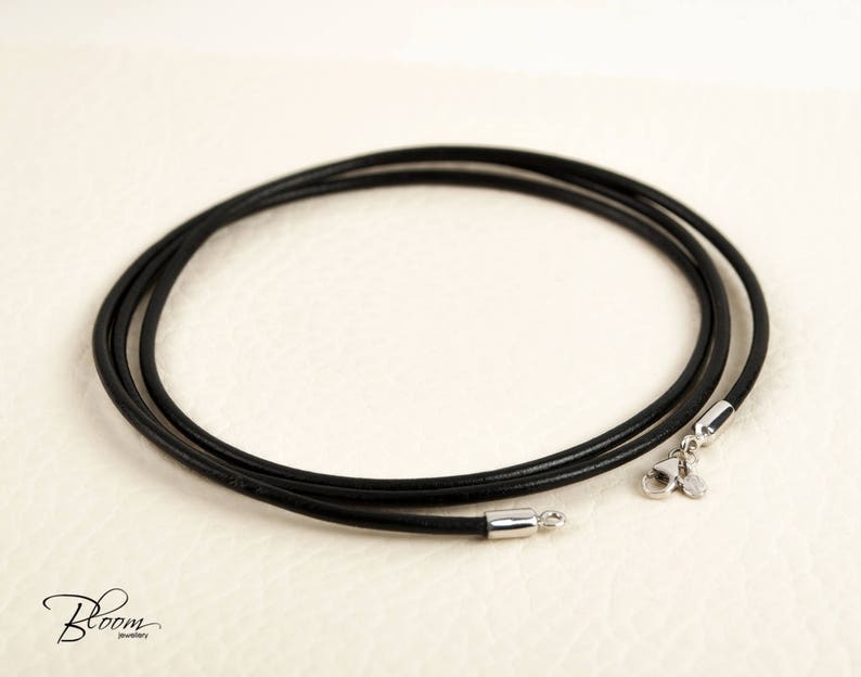 Black Leather Cord Necklace 14K White Gold Clasps Gold Leather Etsy
