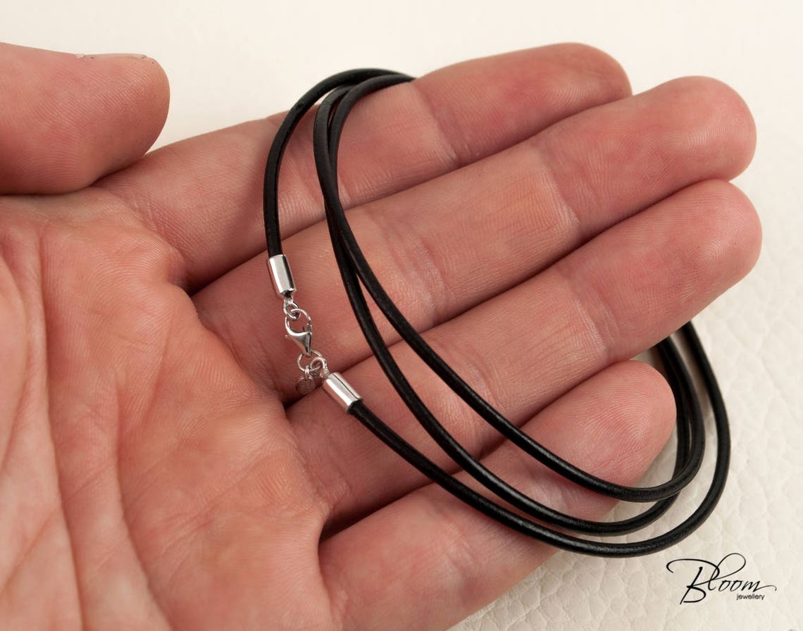 Black Leather Cord Necklace 14K White Gold Clasps Gold Leather Etsy