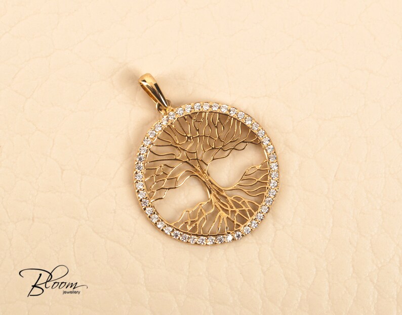 14K Yellow Gold Tree of Life Pendant Cubic Zirconia Necklace BloomDiamonds 14K Yellow Gold