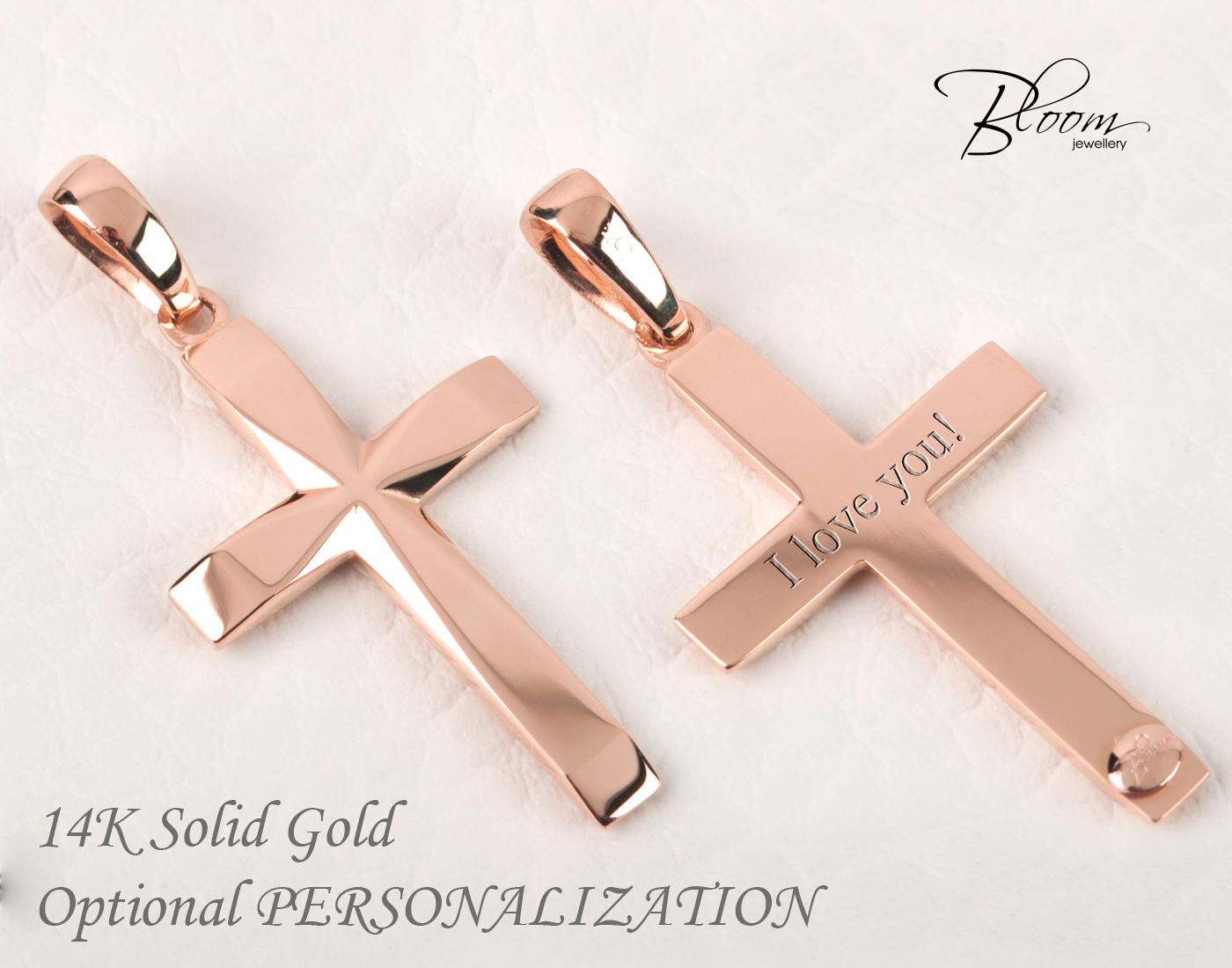 Rose Gold Cross Pendant for Men 14K Solid Personalized Baptism Necklace BloomDiamonds