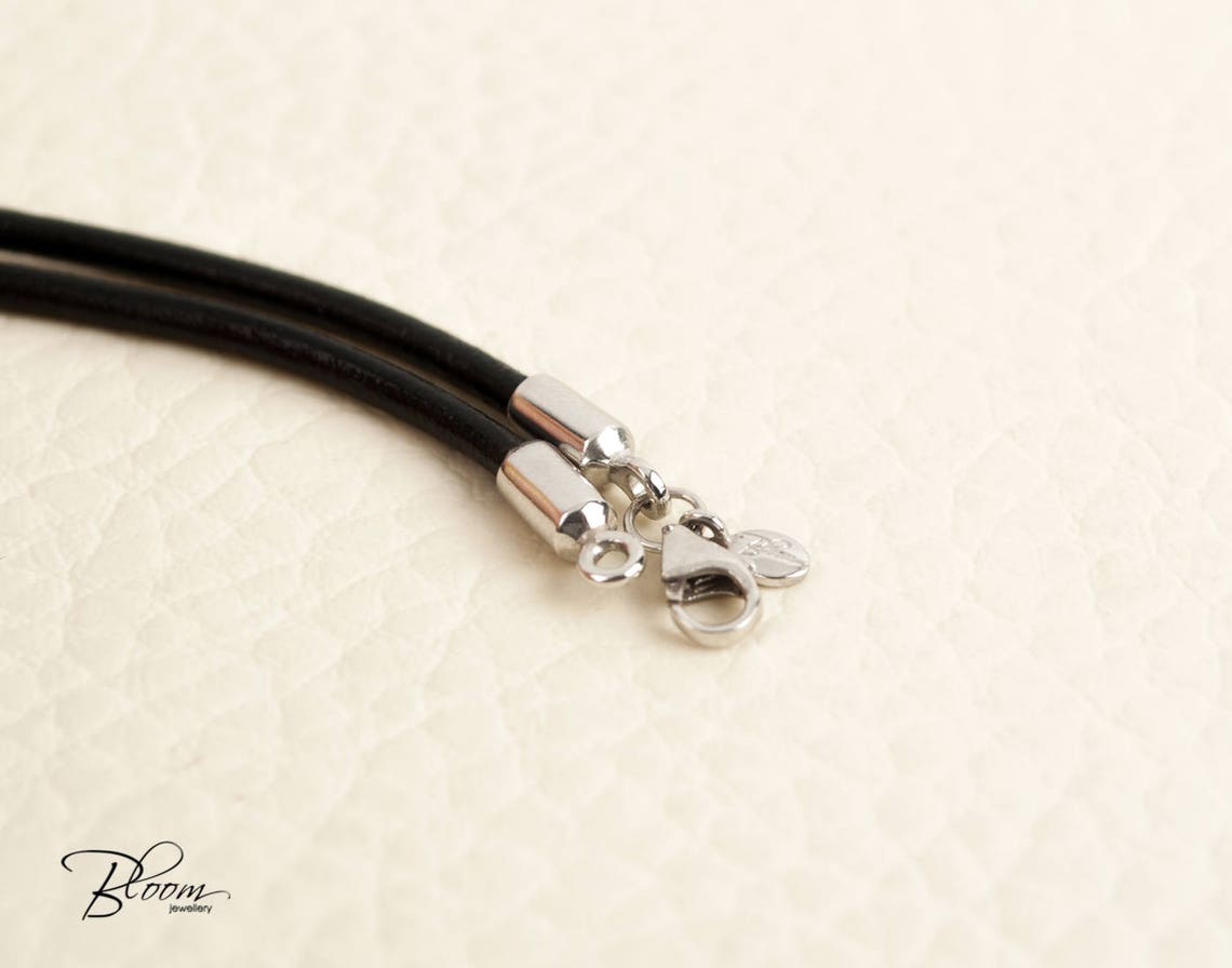 Black Leather Cord Necklace 14K White Gold Clasps Gold Leather Etsy