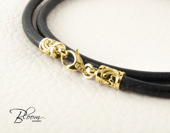 Black Leather Cord Necklace 14K White 