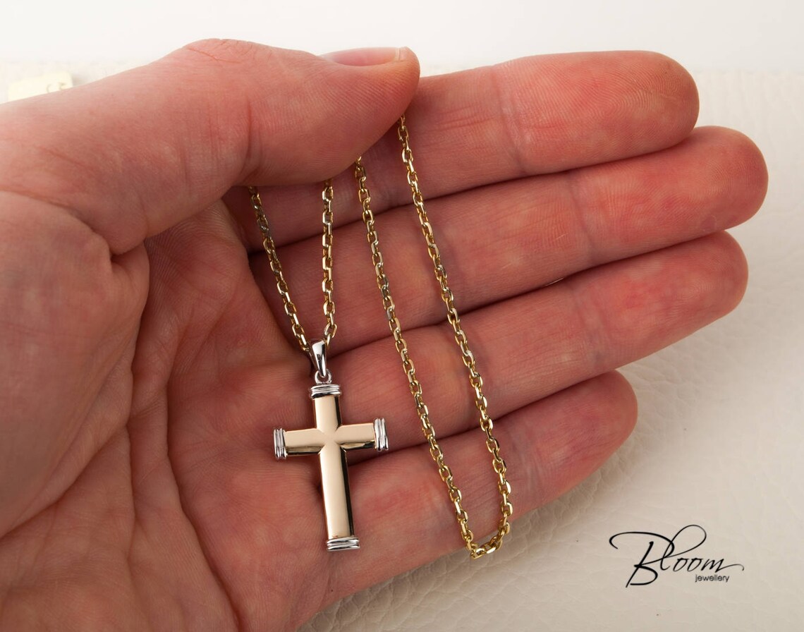 Mens Cross Necklace 14K Solid Gold Chain Cross Necklace Gold Etsy