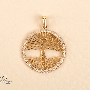 14K Yellow Gold Tree of Life Pendant Cubic Zirconia Necklace BloomDiamonds image 7