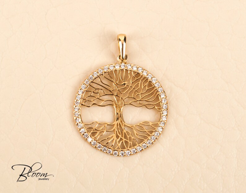 14K Yellow Gold Tree of Life Pendant Cubic Zirconia Necklace BloomDiamonds image 7