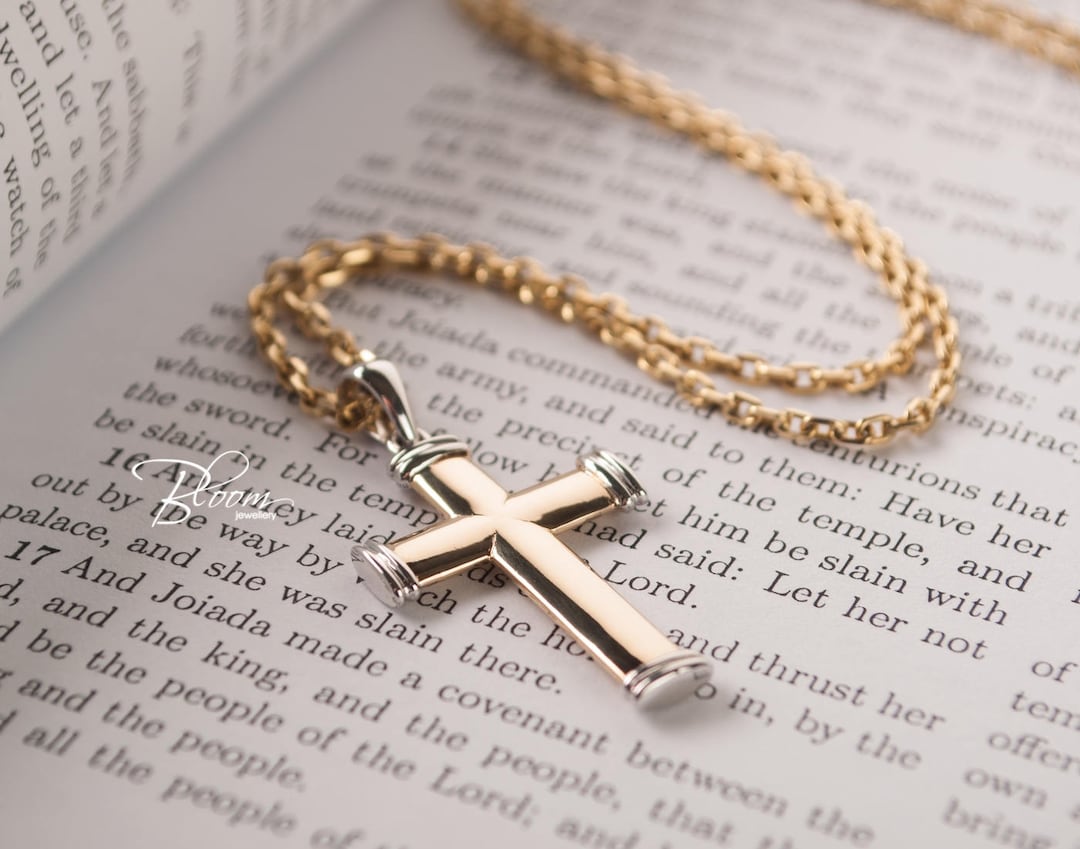 Mens Cross Necklace 14K Solid Gold Chain Cross Necklace Gold Cross