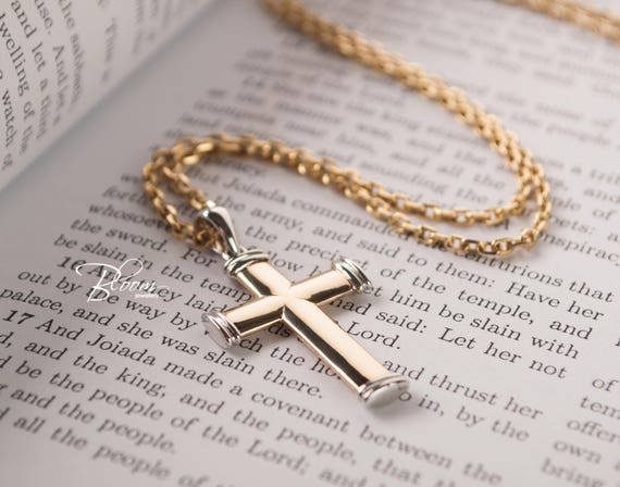 Mens Cross Necklace 14k Solid Gold Chain - Mens Gold Pendant Cross