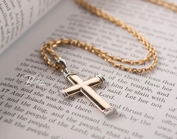 Mens Cross Necklace 14k Solid Gold Chain Cross Necklace Gold Etsy