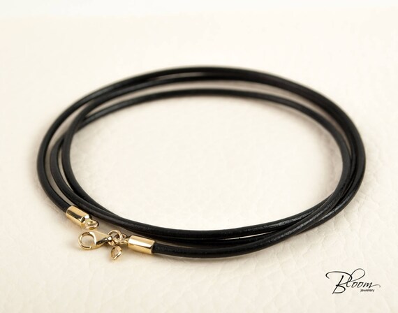 Black Leather Cord Necklace 14K Gold 