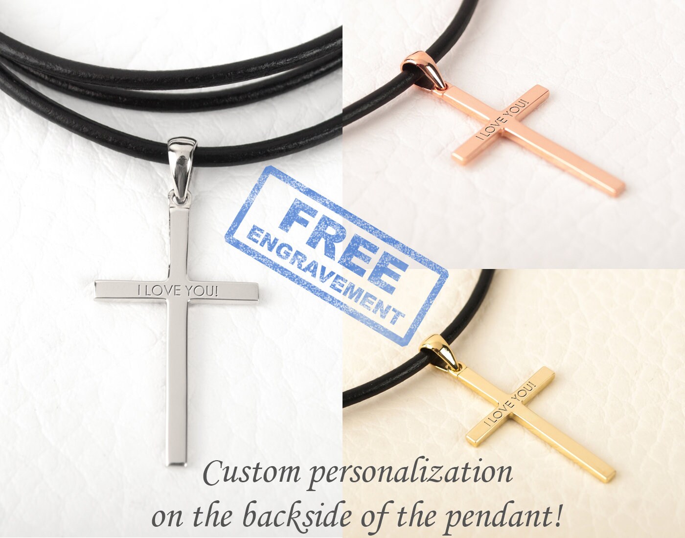 Black Leather and Gold Cross Necklace for Men 14K Solid Gold Personalized Gift BloomDiamonds